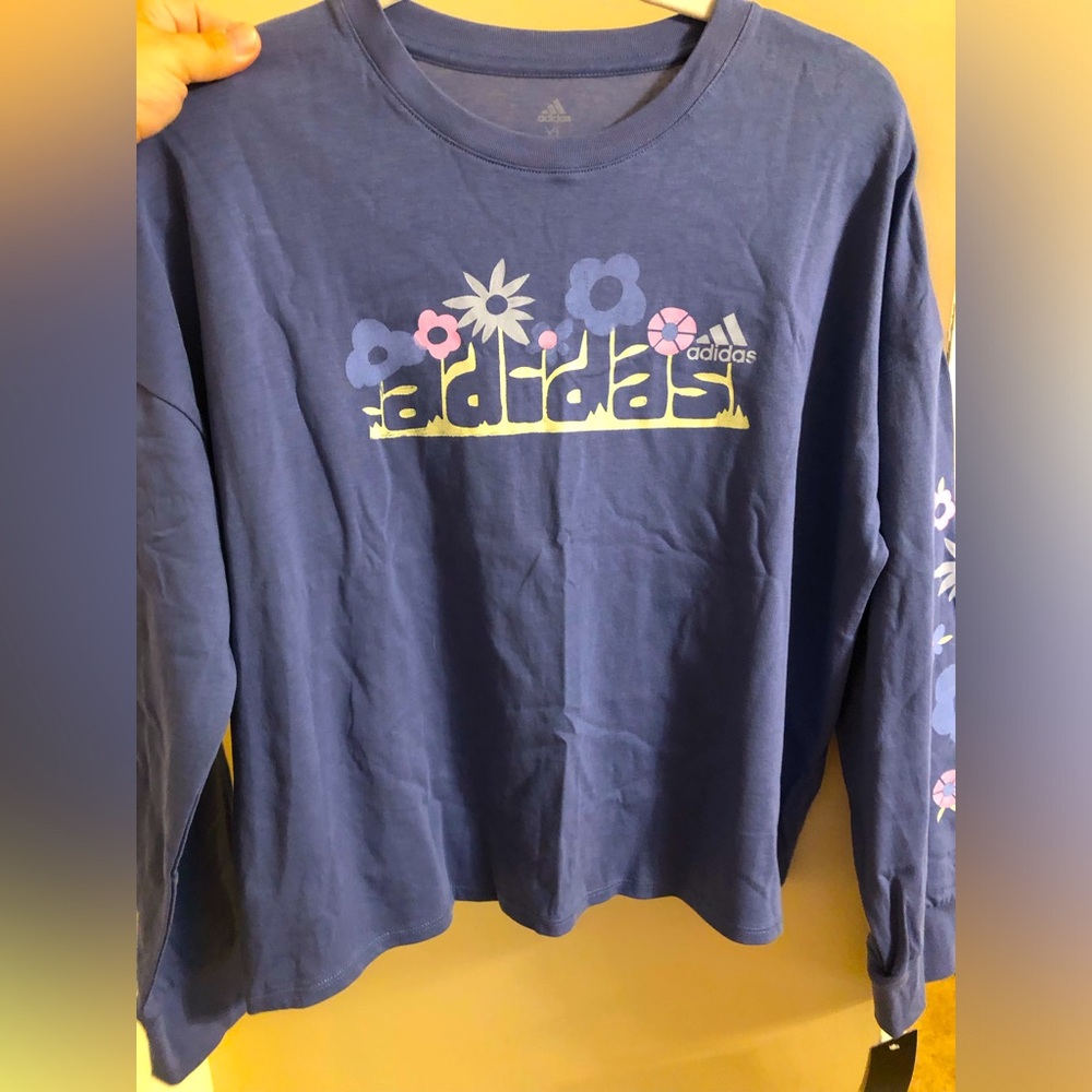 Adidas new blue‎ floral long sleeve shirt girls XL NWT